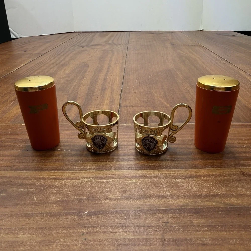 Vintage MCM St Louis Zoo Salt and Pepper Shakers Japan Wood Gold Holder Kitsch